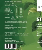 Etiqueta trasera de Stevia Líquida Brota Superfoods, mostrando tabla de información nutricional por porción (6 gotas/0.3 ml), indicando 0.0 kcal y 0.0g de azúcares. Ingredientes: Agua purificada, Estevia, Sorbato de Potasio, Ácido Cítrico. Menciona elaboración en Chile y registro SEREMI SALUD.