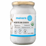 Envase de Aceite de Coco Orgánico Manare Extra Virgen Prensado en Frío RAW, 500ml, con sellos Vegano, Libre de GMO, Libre de Gluten y USDA Organic. Ideal para consumo directo y cocina saludable. Disponible en Emporio Nativo.