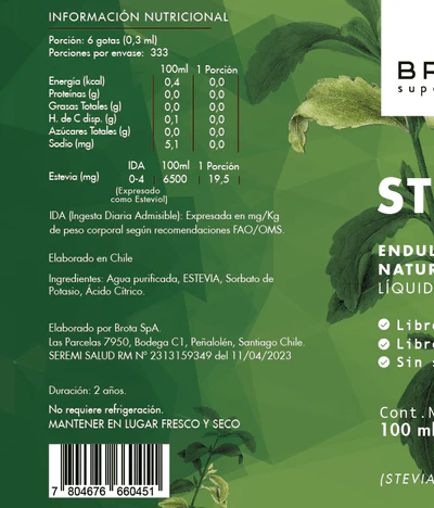 Etiqueta trasera de Stevia Líquida Brota Superfoods, mostrando tabla de información nutricional por porción (6 gotas/0.3 ml), indicando 0.0 kcal y 0.0g de azúcares. Ingredientes: Agua purificada, Estevia, Sorbato de Potasio, Ácido Cítrico. Menciona elaboración en Chile y registro SEREMI SALUD.