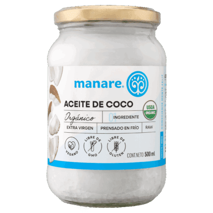 Envase de Aceite de Coco Orgánico Manare Extra Virgen Prensado en Frío RAW, 500ml, con sellos Vegano, Libre de GMO, Libre de Gluten y USDA Organic. Ideal para consumo directo y cocina saludable. Disponible en Emporio Nativo.