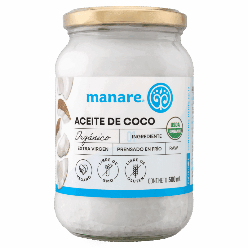 Envase de Aceite de Coco Orgánico Manare Extra Virgen Prensado en Frío RAW, 500ml, con sellos Vegano, Libre de GMO, Libre de Gluten y USDA Organic. Ideal para consumo directo y cocina saludable. Disponible en Emporio Nativo.