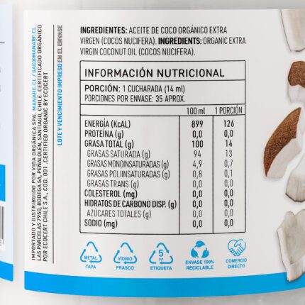 Etiqueta trasera del Aceite de Coco Orgánico Extra Virgen Manare RAW, 500ml, mostrando la tabla de información nutricional por 100ml y porción (14ml), con alto contenido de grasa saturada. Incluye ingredientes (Aceite de Coco Orgánico Extra Virgen) y pictogramas de envase reciclable (tapa, frasco, etiqueta) y sello de Comercio Directo.