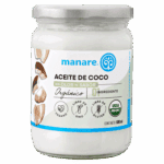 Envase de Aceite de Coco Orgánico Manare sin olor ni sabor, 500ml, con sellos Vegano, Libre de GMO, Libre de Gluten y USDA Organic. Ideal para cocinar y hornear. Disponible en Emporio Nativo.