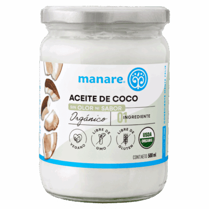 Envase de Aceite de Coco Orgánico Manare sin olor ni sabor, 500ml, con sellos Vegano, Libre de GMO, Libre de Gluten y USDA Organic. Ideal para cocinar y hornear. Disponible en Emporio Nativo.