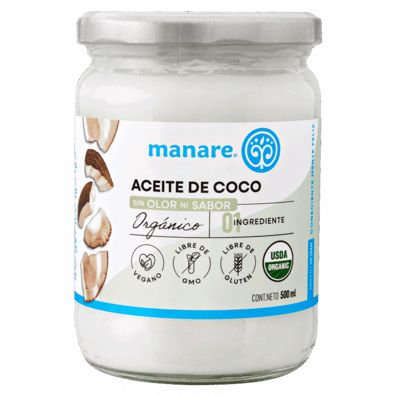 Envase de Aceite de Coco Orgánico Manare sin olor ni sabor, 500ml, con sellos Vegano, Libre de GMO, Libre de Gluten y USDA Organic. Ideal para cocinar y hornear. Disponible en Emporio Nativo.