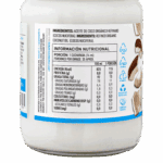 Etiqueta trasera del Aceite de Coco Orgánico Refinado Manare, 500ml, mostrando la tabla de información nutricional por 100ml y porción (14ml), con alto contenido de grasa total y grasa saturada. Incluye pictogramas de envase reciclable (tapa, frasco, etiqueta) y sello de Comercio Directo.