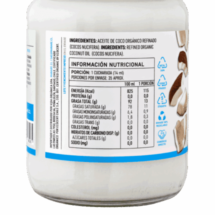 Etiqueta trasera del Aceite de Coco Orgánico Refinado Manare, 500ml, mostrando la tabla de información nutricional por 100ml y porción (14ml), con alto contenido de grasa total y grasa saturada. Incluye pictogramas de envase reciclable (tapa, frasco, etiqueta) y sello de Comercio Directo.