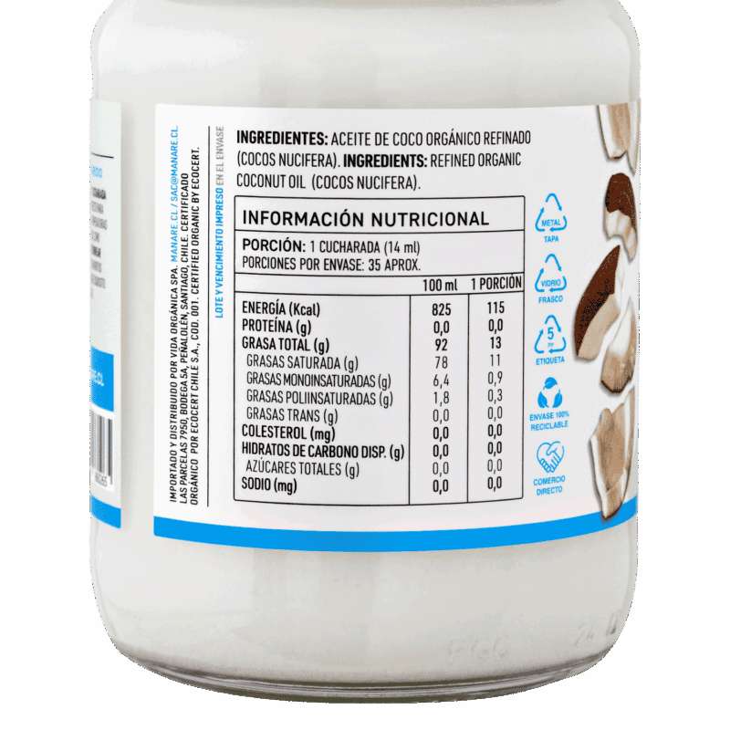 Etiqueta trasera del Aceite de Coco Orgánico Refinado Manare, 500ml, mostrando la tabla de información nutricional por 100ml y porción (14ml), con alto contenido de grasa total y grasa saturada. Incluye pictogramas de envase reciclable (tapa, frasco, etiqueta) y sello de Comercio Directo.