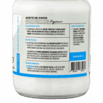 Etiqueta trasera del Aceite de Coco Orgánico Manare, explicando su elaboración a partir de cocos frescos sin químicos para eliminar olor y sabor, preservando propiedades. Incluye uso sugerido (1 cucharada diaria, cocinar a altas temperaturas, saltear, hornear) e instrucciones de conservación.