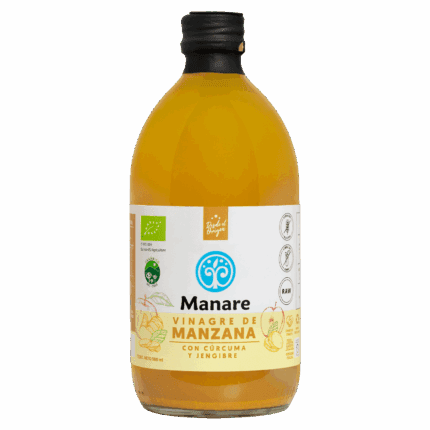 Botella de Vinagre de Manzana Manare con Cúrcuma y Jengibre 500ml, orgánico y natural, disponible en Emporio Nativo