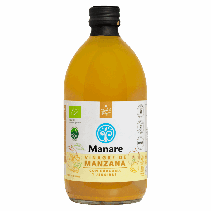 Botella de Vinagre de Manzana Manare con Cúrcuma y Jengibre 500ml, orgánico y natural, disponible en Emporio Nativo