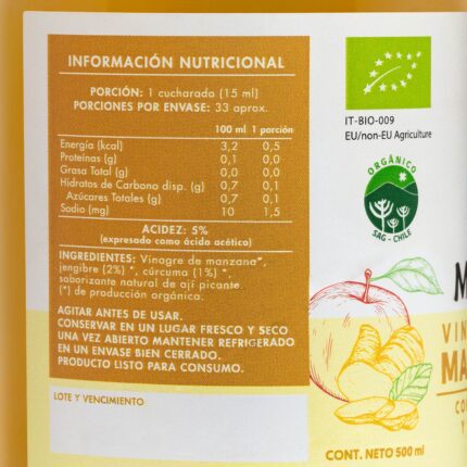 Tabla de información nutricional del Vinagre de Manzana Manare con Cúrcuma y Jengibre, mostrando valores por porción y 100ml, en Emporio Nativo.