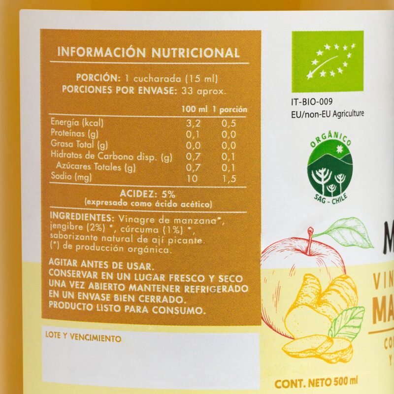 Tabla de información nutricional del Vinagre de Manzana Manare con Cúrcuma y Jengibre, mostrando valores por porción y 100ml, en Emporio Nativo.