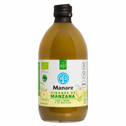 Botella de Vinagre de Manzana Manare con Limón y Matcha 500ml, orgánico y natural, disponible en Emporio Nativo.