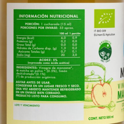 Etiqueta trasera del Vinagre de Manzana Manare con Limón y Matcha, mostrando el listado de ingredientes orgánicos y el porcentaje de limón y matcha, de venta en Emporio Nativo.
