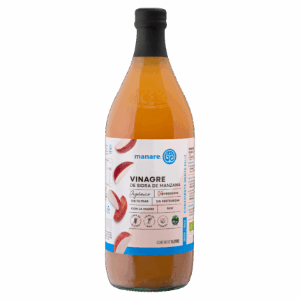 Botella de Vinagre de Manzana Manare Orgánico, crudo (RAW) y sin filtrar, con la Madre. Ideal para la digestión y el bienestar general. Disponible en Emporio Nativo.