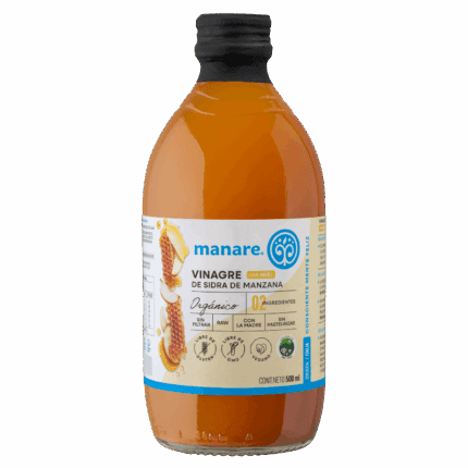 Botella de Vinagre de Sidra de Manzana Manare con Miel Orgánica 500ml, crudo (RAW), sin filtrar y con la madre. Un endulzante natural para la salud digestiva. Disponible en Emporio Nativo.