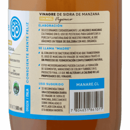 Etiqueta trasera del Vinagre de Sidra de Manzana Manare con Miel Orgánica, detallando su elaboración con manzanas sin pesticidas, la presencia de la "Madre" y uso sugerido: 1 cucharada diaria en ensaladas o bebidas. Incluye código de barras.