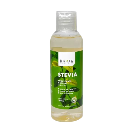 Envase de Stevia Líquida Brota Superfoods, 100ml, endulzante natural sin calorías, sin gluten y sin sucralosa. Destaca las hojas de stevia en su diseño. Disponible en Emporio Nativo.